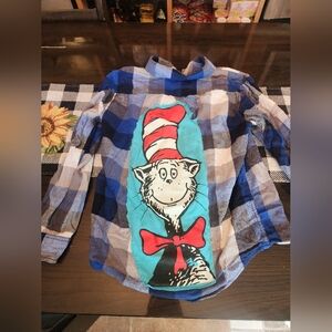 Upcycled Blue and White Kids Plaid Shirt with Cat in the Hat Design Size Xxl
